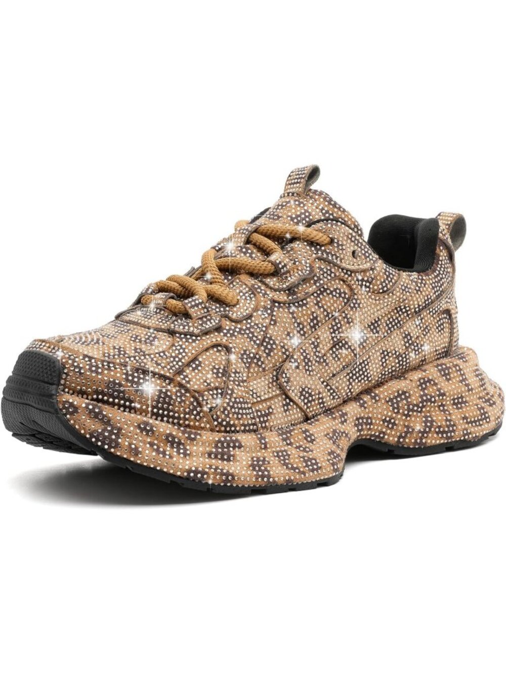 Women's Brown Fashion Bling Sparkly Walking Glitter Rhinestone Lace Up Sneakers